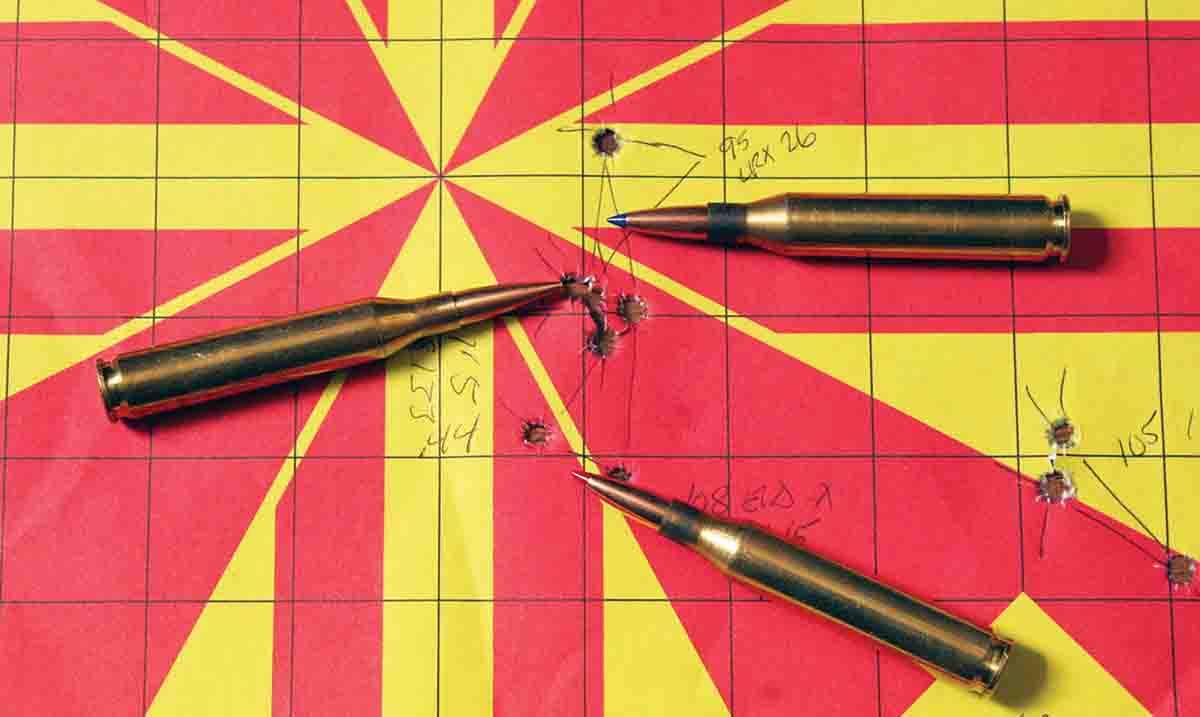 Point of impact of most of the handloads tended to overlap at 100 yards.